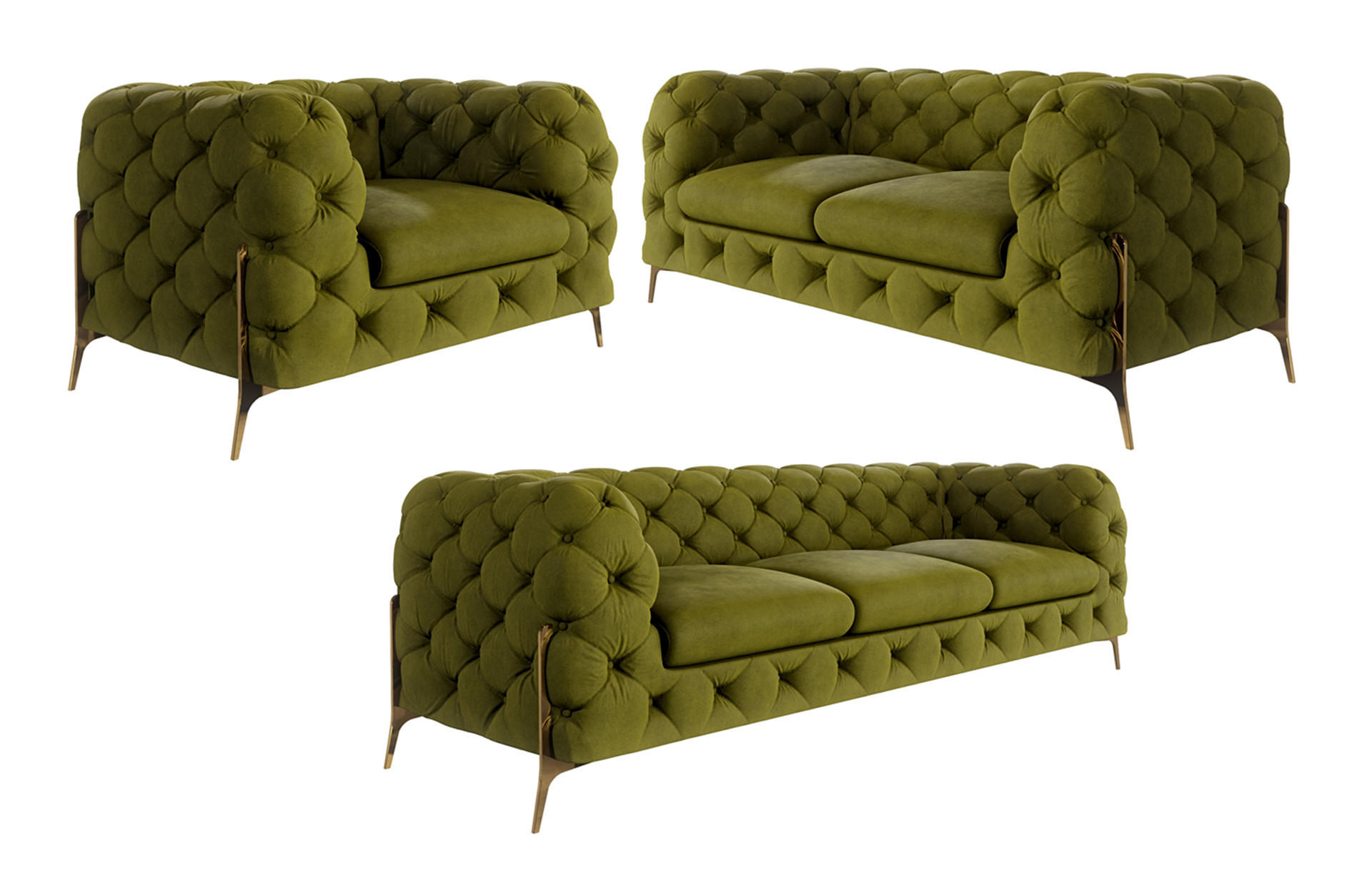 SITZGARNITUR 3+2+1 Chesterfield Lexi Olive Samt - Goldfarben/Olivgrün, Holz/Textil (243/75/100cm) - S-Style Möbel