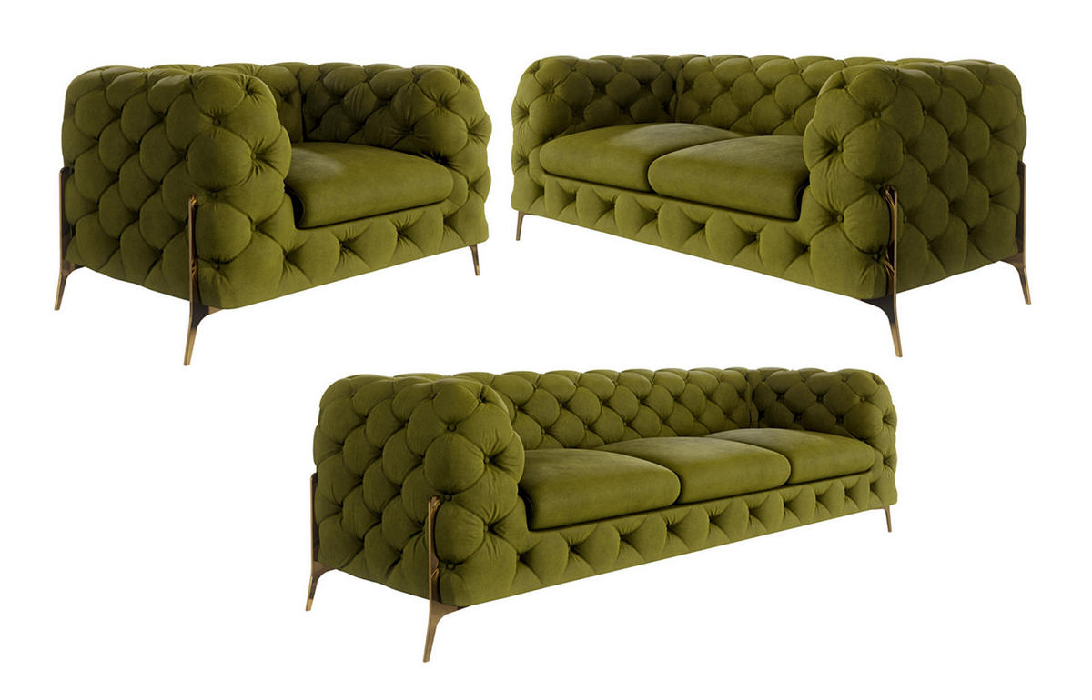 SITZGARNITUR 3+2+1 Chesterfield Lexi Olive Samt - Goldfarben/Olivgrün, Holz/Textil (243/75/100cm) - S-Style Möbel