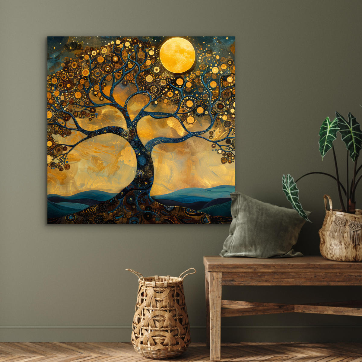 METALLBILD Baum - Mond - Blumen - Gold - Kunst 90x90 cm - Orange, Metall (90/90cm) - MuchoWow