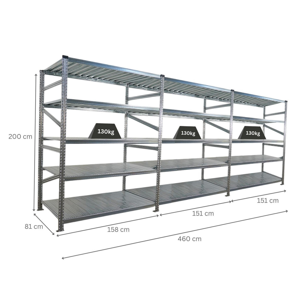 FACHBODENREGAL Proximo Stecksystem 200x450x80cm 5 Ebenen Fachlast 130 kg Beidseitig nutzbar Verzinkt - Silberfarben, Metall (450/200/80cm) - PROREGAL