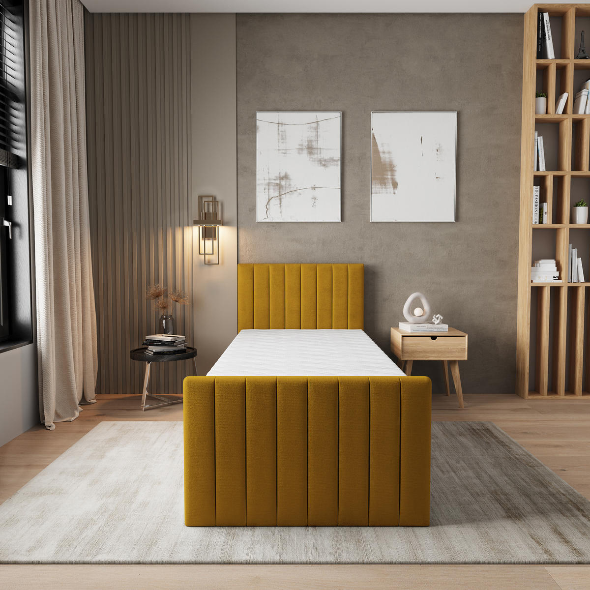 BOXBETT ARION 90 90x200 cm mit Matratze und Topper, H2+H3 - Gelb - Gelb, Holz (90/200cm) - MASSENO