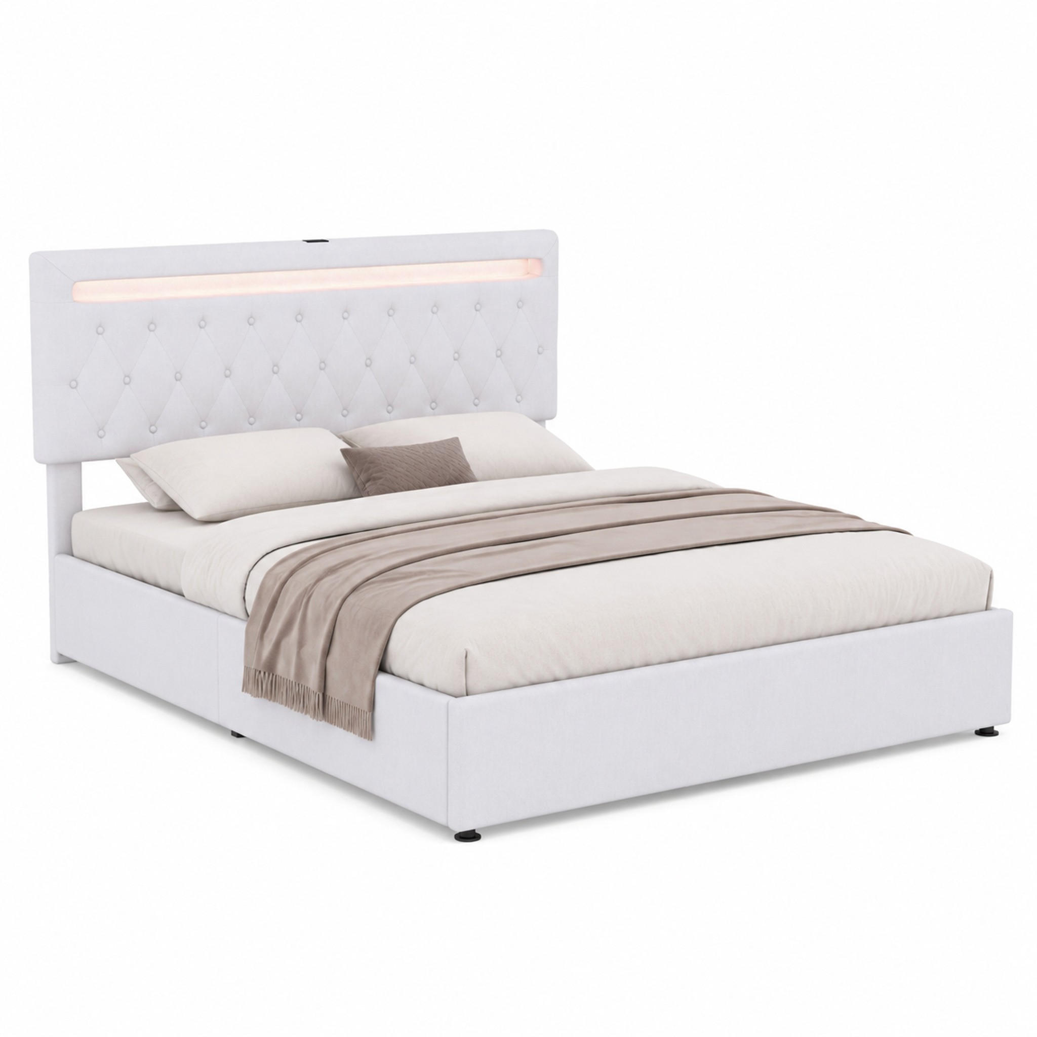 BETT mit Stauraum 180x200 cm Leinen Weiß mit LED und USB - Weiß, Metall (180/200cm) - Meubliv