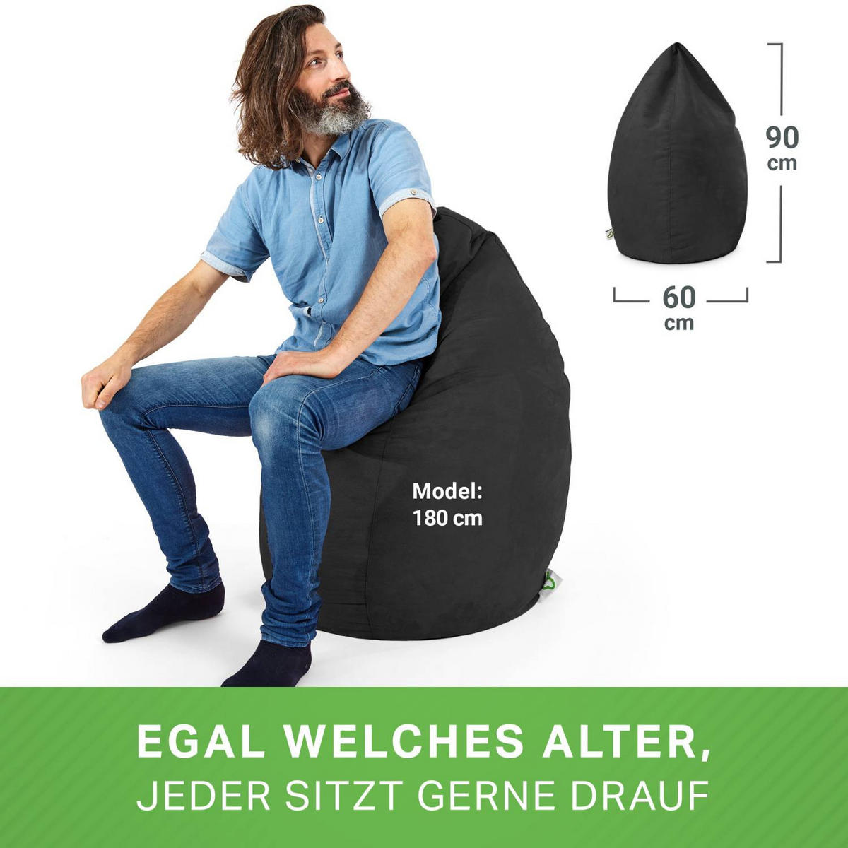 SITZSACK "Drop" 60x60x90cm - 220L - Schwarz, Textil (60/90/60cm) - Green Bean
