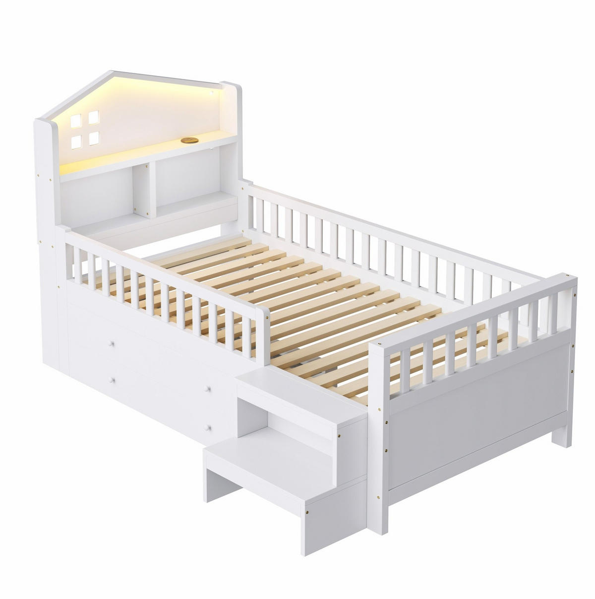 KINDERBETT mit 4 Schubladen 90x200 cm Weiß mit LED und Ladeanschlüssen - Weiß, Holzwerkstoff (90/200cm) - Beauniv