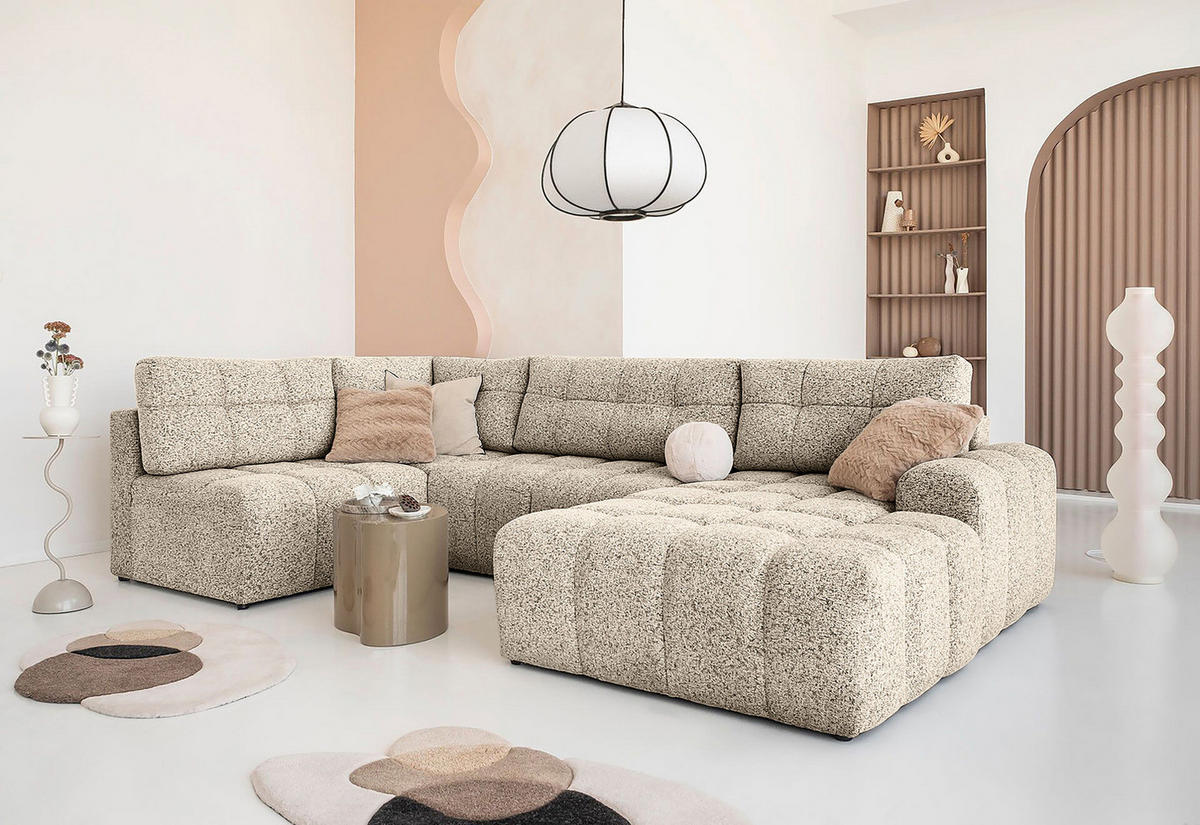 WOHNLANDSCHAFT - Strukturstoff - Creme/Schwarz, Kunststoff/Textil (333/187cm) - home24