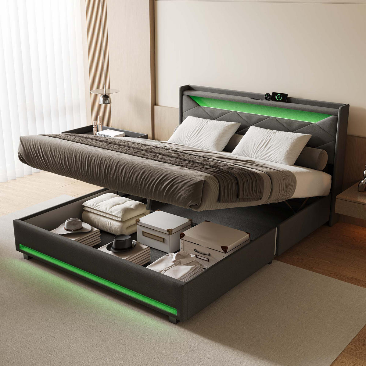POLSTERBETT 140x200 cm Grau Leinen LED USB Stauraum - Grau, Metall (140/200cm) - SHOPENTRA