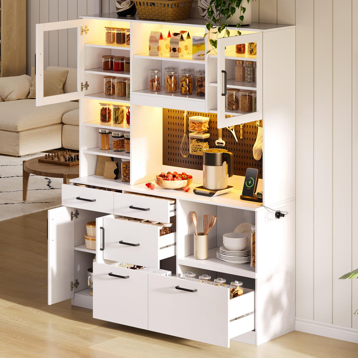 BUFFET 185 cm MDF Weiß mit RGB-LED, Lochplatte und Glasfront - Weiß, Holzwerkstoff (40/185/145cm) - Korfee