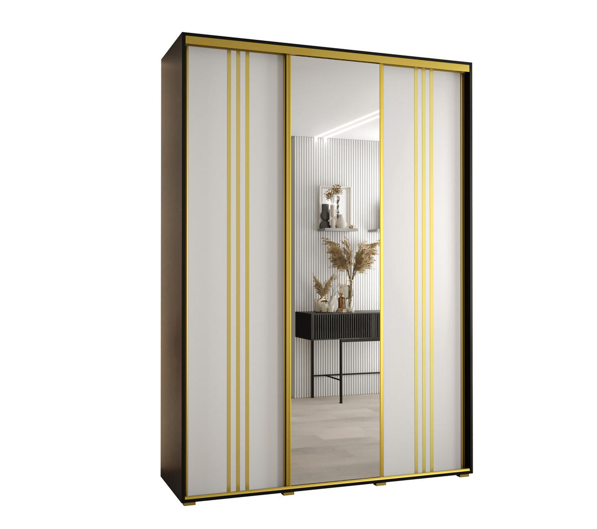 SCHWEBETÜRENSCHRANK 235,2/170/60 3-türig - Goldfarben/Schwarz, Holz/Metall (170/235/60cm) - Abiks Möbel