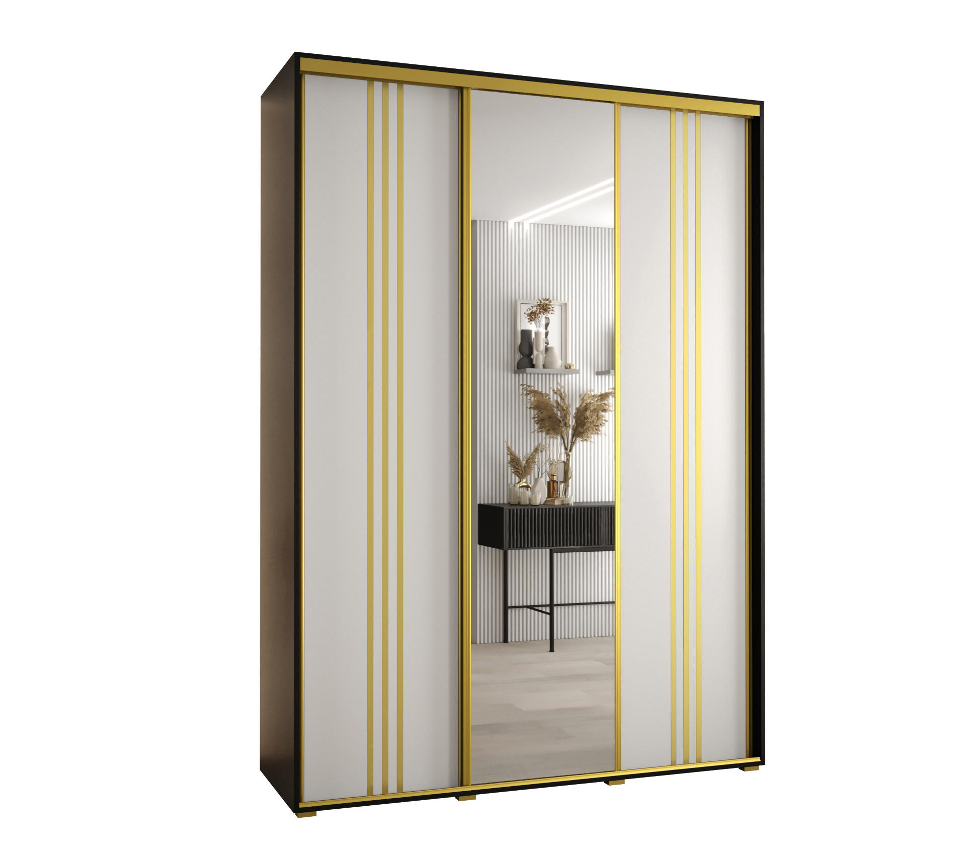 Abiks Möbel SCHWEBETÜRENSCHRANK Schwarz, Weiß, Gold 180cm × 60cm × 235cm