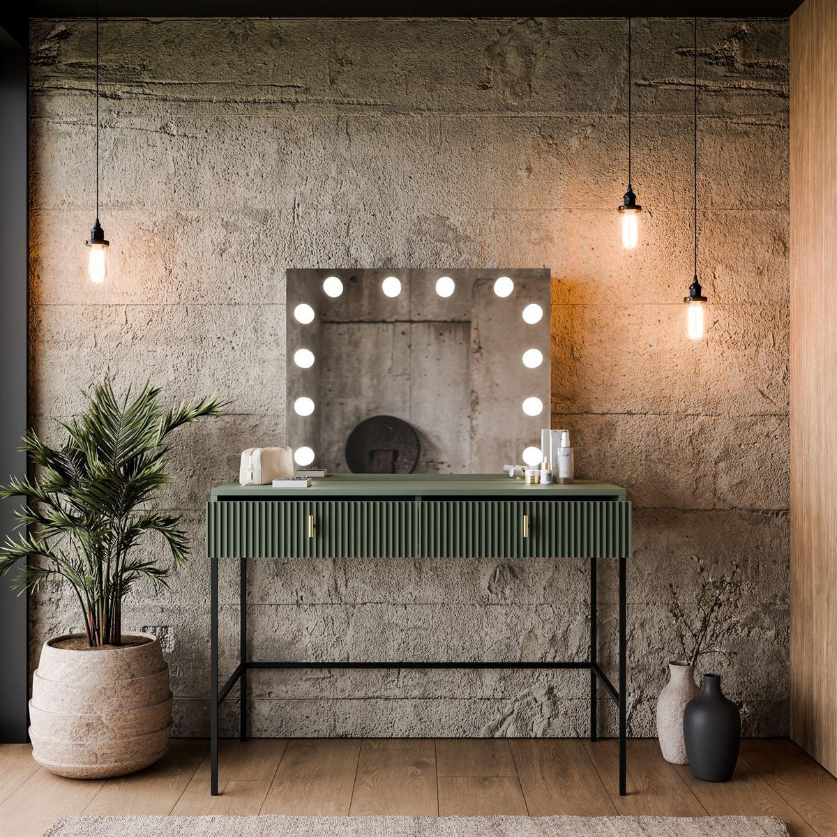 FRISIERTISCH MIDNIGHT ELITE mit LED-Spiegel grün - Schwarz/Grün, Holzwerkstoff (104/77/50cm) - Lookway