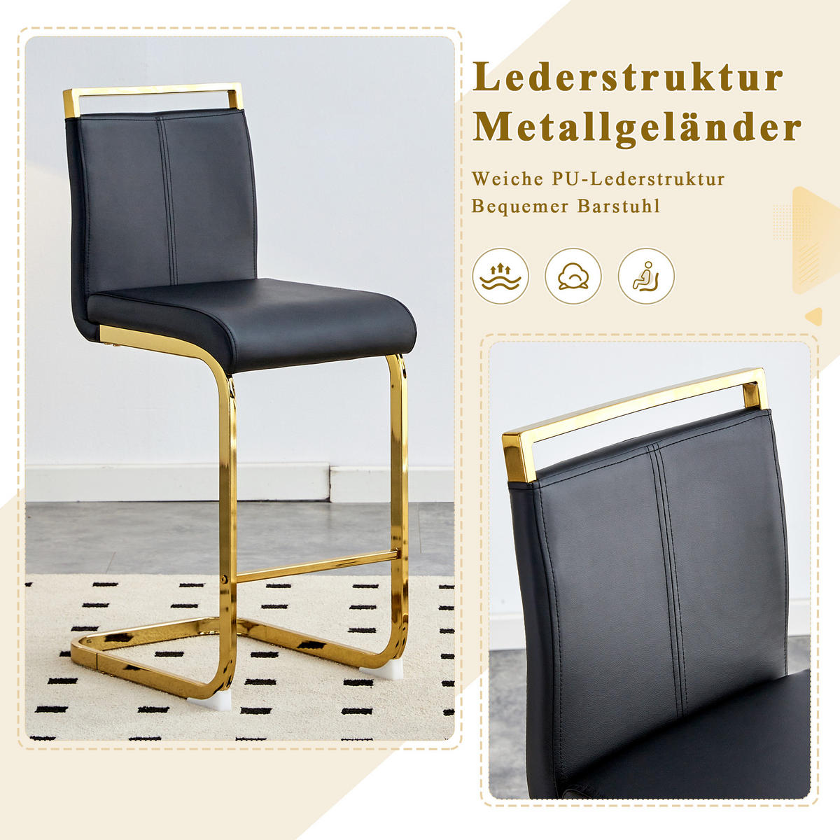 BARHOCKER 2er-Set Schwarz mit PU-Leder und goldfarbenen Metallbeinen - Schwarz, Metall (39/96.5/46.5cm) - PANGIVO