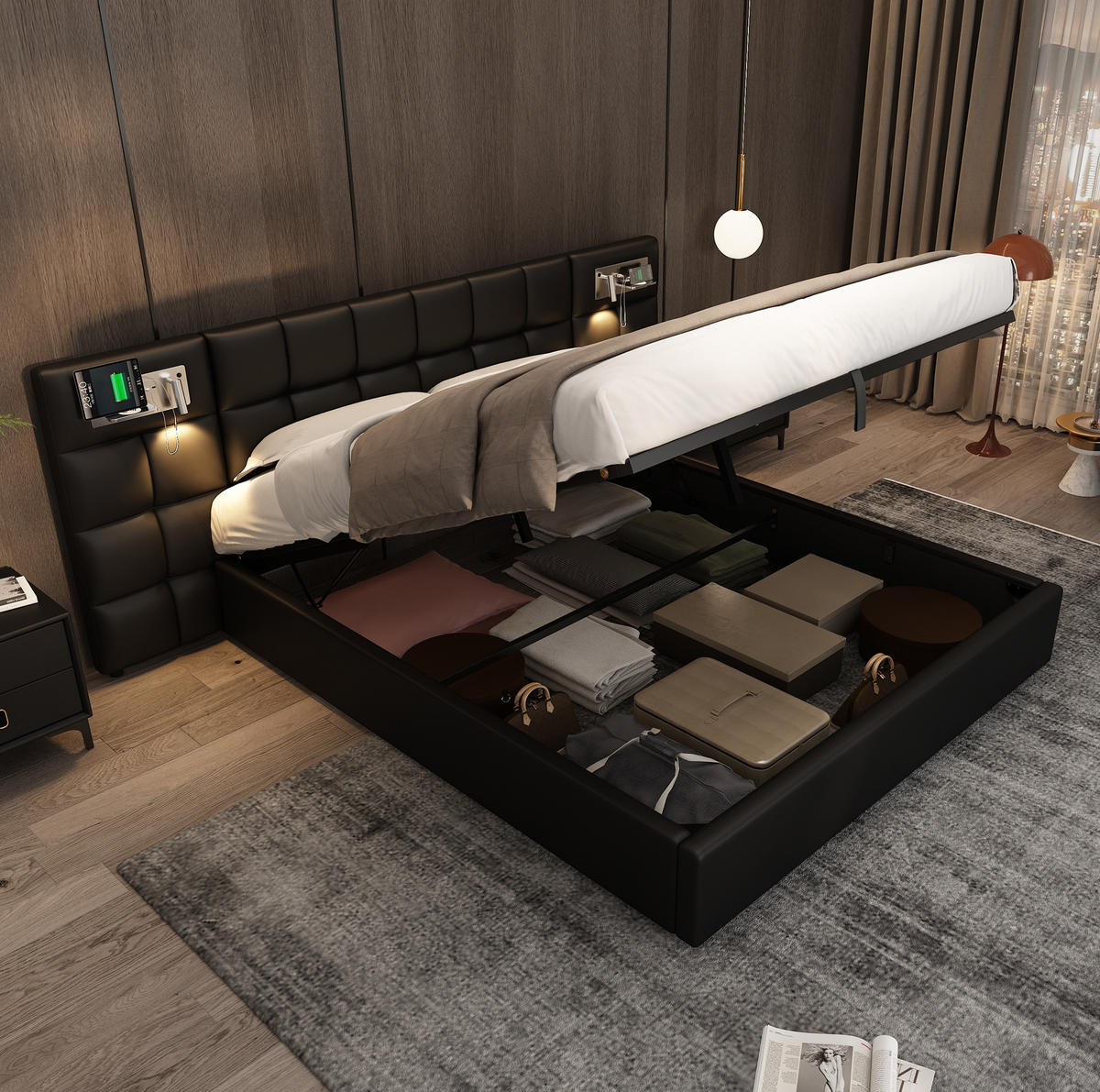 POLSTERBETT 180/200 cm mit USB-Anschluss, kabelloser Ladefunktion, Beleuchtung und hydraulischem Stauraum, Schwarz - Schwarz, Kunststoff (180/200cm) - Redom