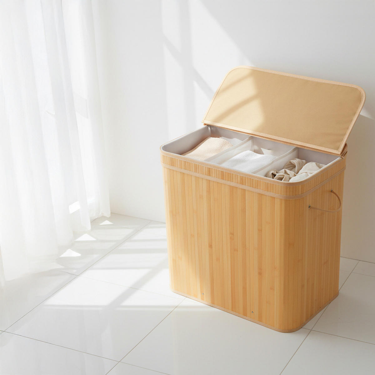 KÔŠ na prádlo - svetlohnedá, drevo/textil (41.5/61/61.5cm) - Relaxdays