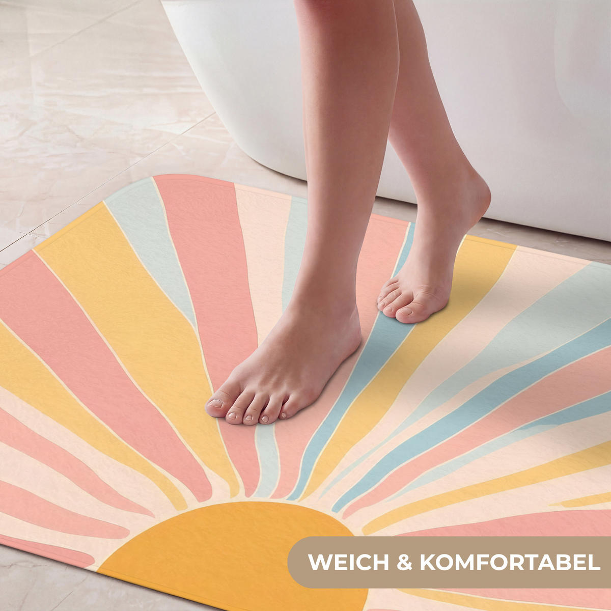 BADEMATTE Illustration - Sonne - Pastellfarben 90x60 cm - Pastellblau, Kunststoff/Textil (90/60cm)