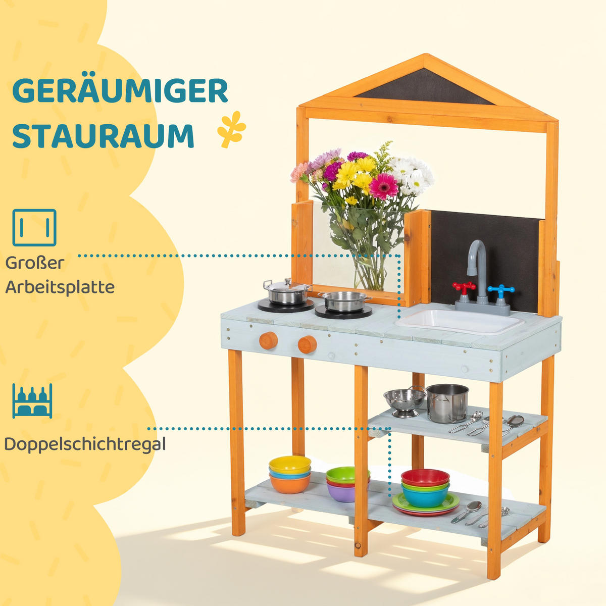 MATSCHKÜCHE DE-09896 mit abnehmbarer Spüle und Kochplatten Hellblau - Hellblau, Holz (69/33.5/110cm) - ComfortXL