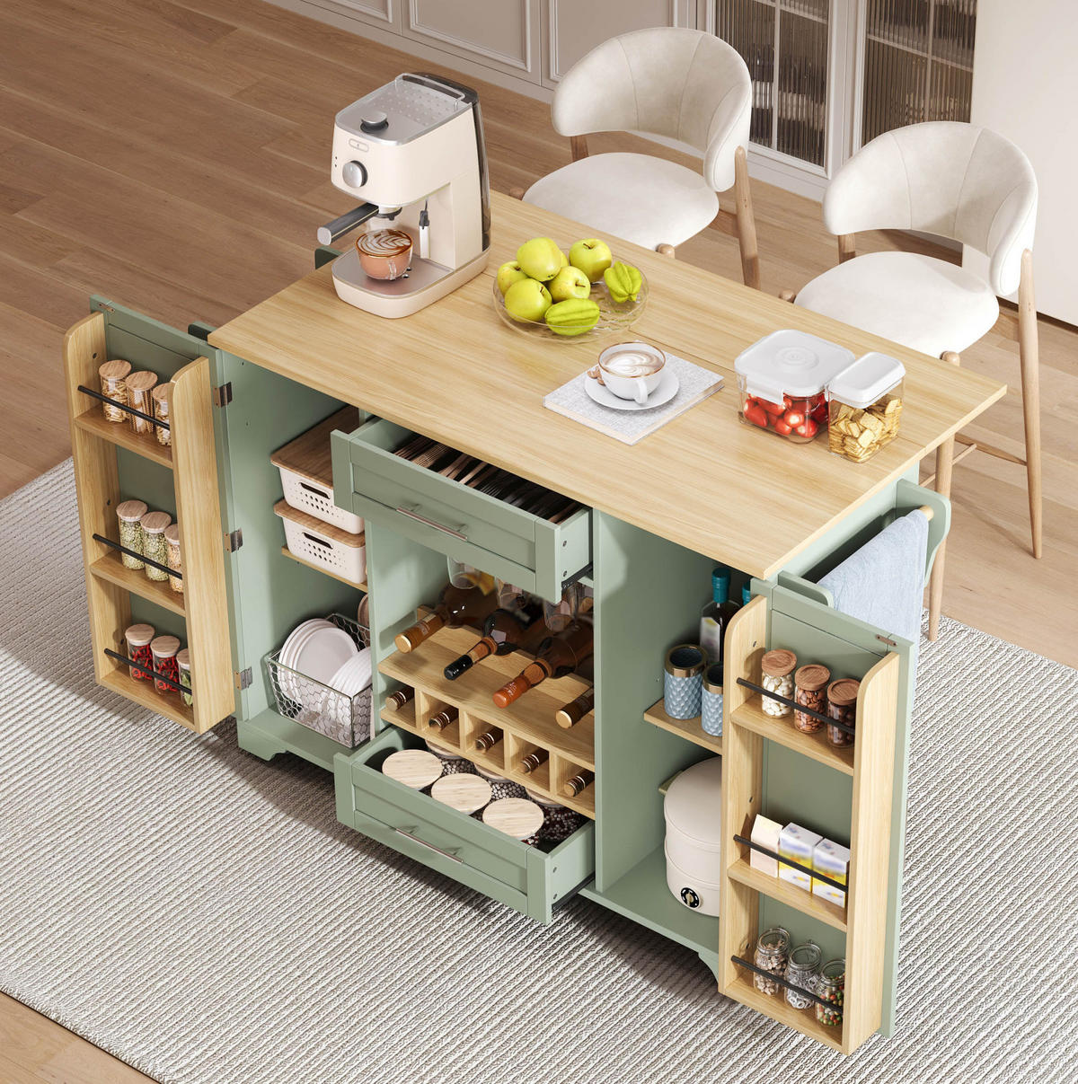 KÜCHENWAGEN auf Rollen mit klappbarer Arbeitsplatte 138 x 45/70 x 92 cm Antikgrün - Grün, Holz (70/92/138cm) - Beauniv