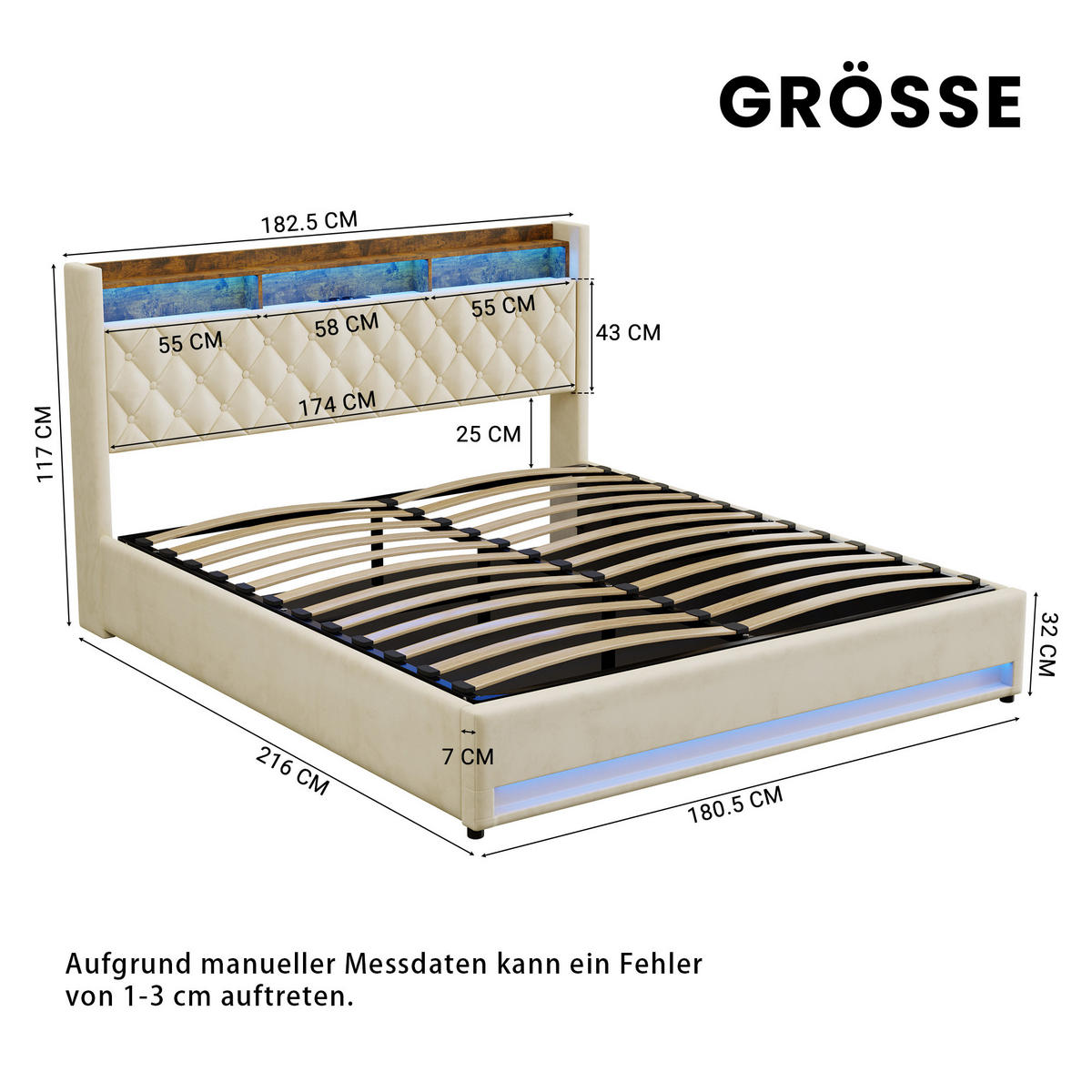 POLSTERBETT aus Samt 180x200 cm Beige mit Stauraum-Kopfteil und LED-Lichtleiste - Beige, Textil (180/200cm) - Modfu