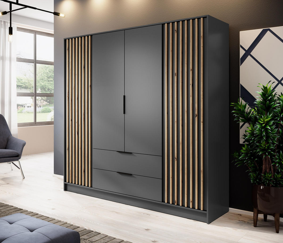 KLEIDERSCHRANK 200 cm Fioro - 4 Türen, Lamellen, Schubladen, Graphit - Graphitfarben, Holz (205/200/51cm) - Emporius