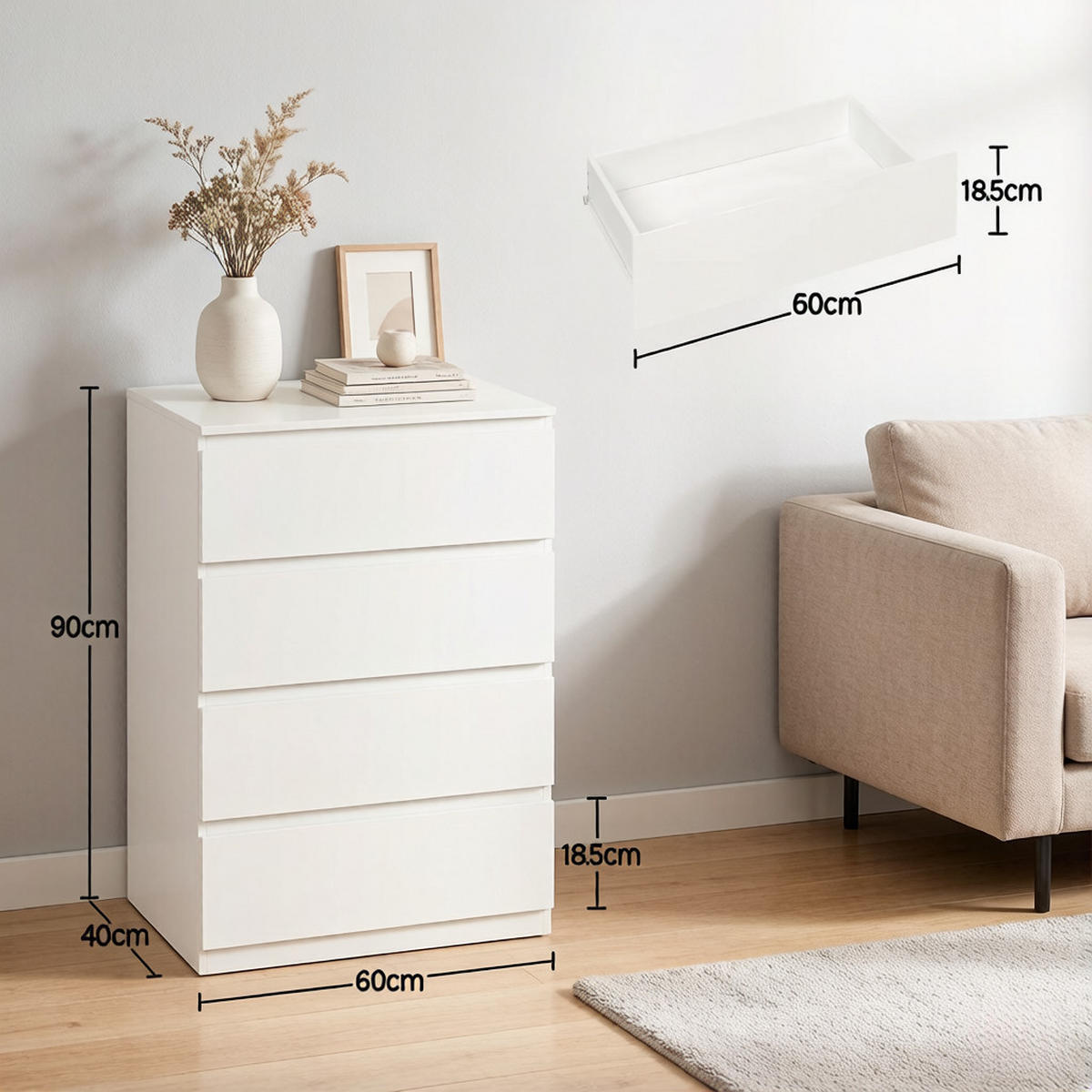 NACHTTISCH DE-38066 60/40/90 cm mit 4 Schubladen Weiß - Weiß, Holzwerkstoff (60/90/40cm) - ComfortXL