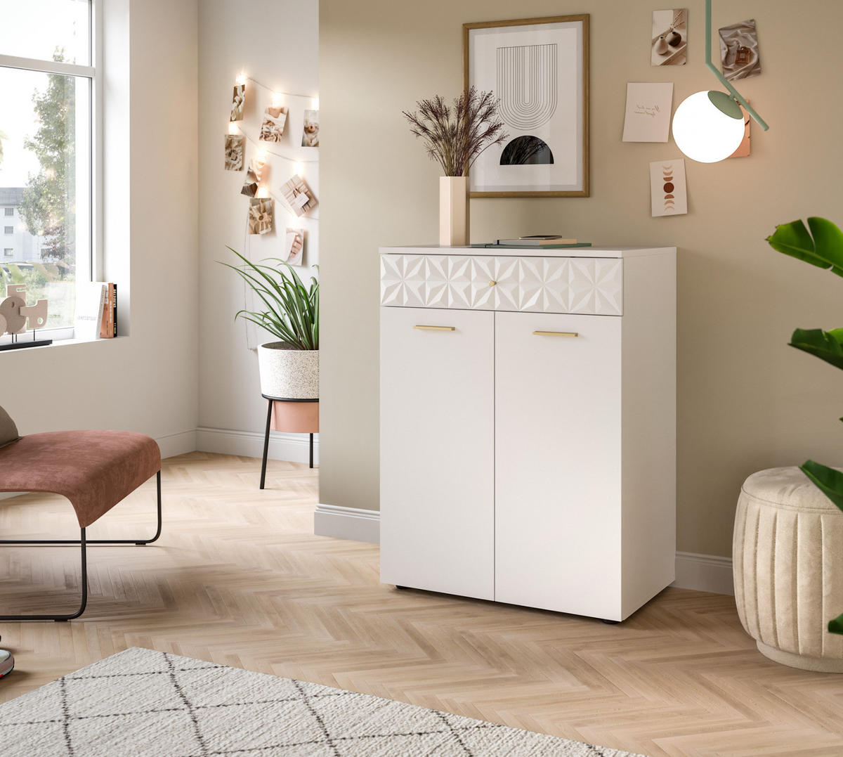 KOMMODE weiß Hochglanz 70 cm, Sideboard mit 3D-Struktur - Weiß Hochglanz/Goldfarben, Holzwerkstoff/Kunststoff (70/92/40cm) - Inn.Furn