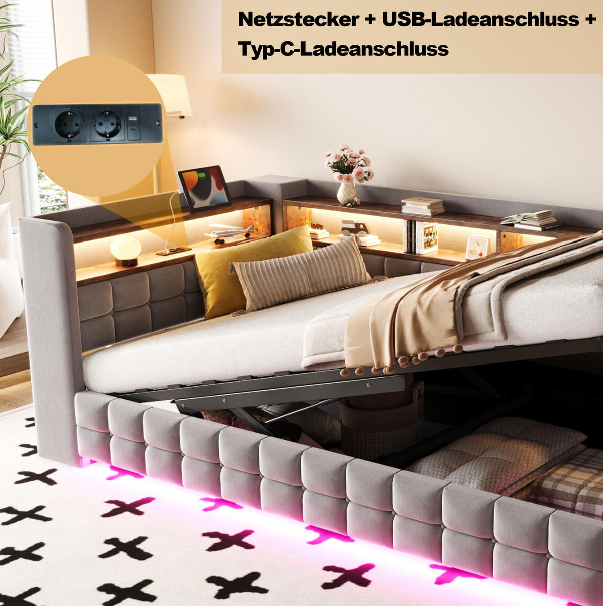 POLSTERBETT 90/200 cm Hellgrau mit Stauraum und LED-Beleuchtung - Hellgrau, Textil (90/200cm) - Flora Grace