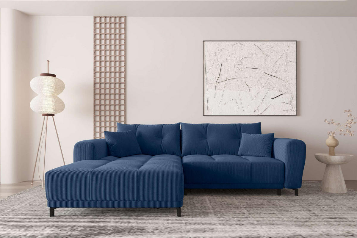 ECKSOFA Massimo Cordstoff Blau inkl. Schlaffunktion Links - Blau/Schwarz, Textil/Metall (246/177cm) - 99rooms