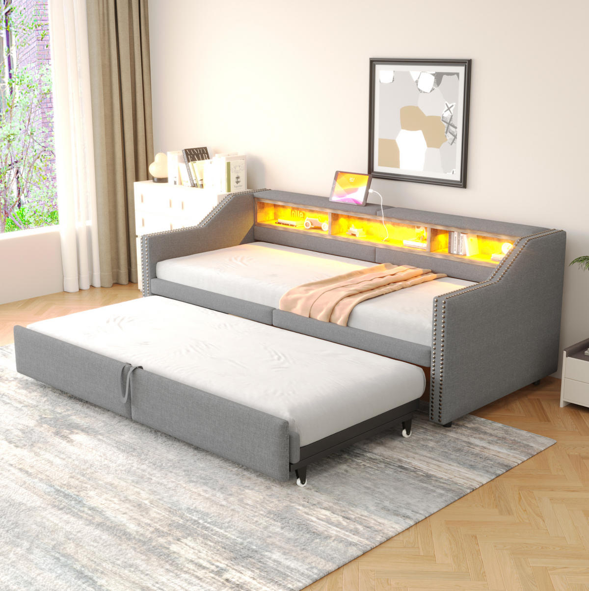 POLSTERBETT 90/200 cm ausziehbar mit LED, Matratze, USB, Ablagefächern und 2 Federkernmatratzen, Hellgrau - Hellgrau, Holzwerkstoff (90/200cm) - Redom