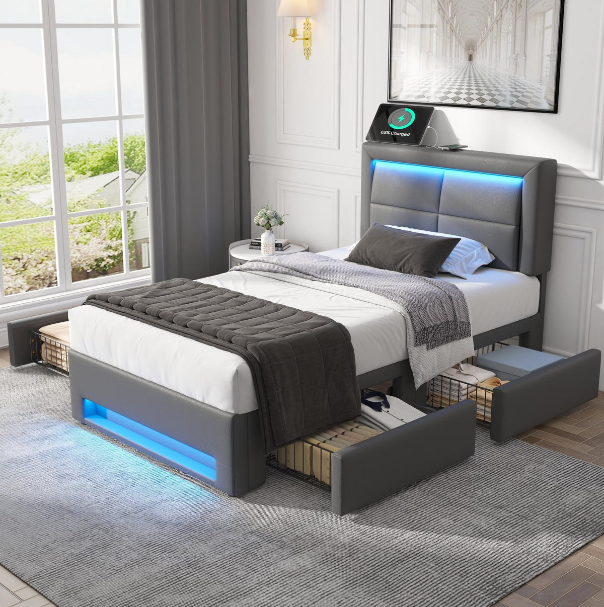 POLSTERBETT aus PU 90x200 cm Grau mit LED-Beleuchtung, USB-Ladefunktion und 4 Schubladen - Grau, Leder (90/200cm) - IVMEU