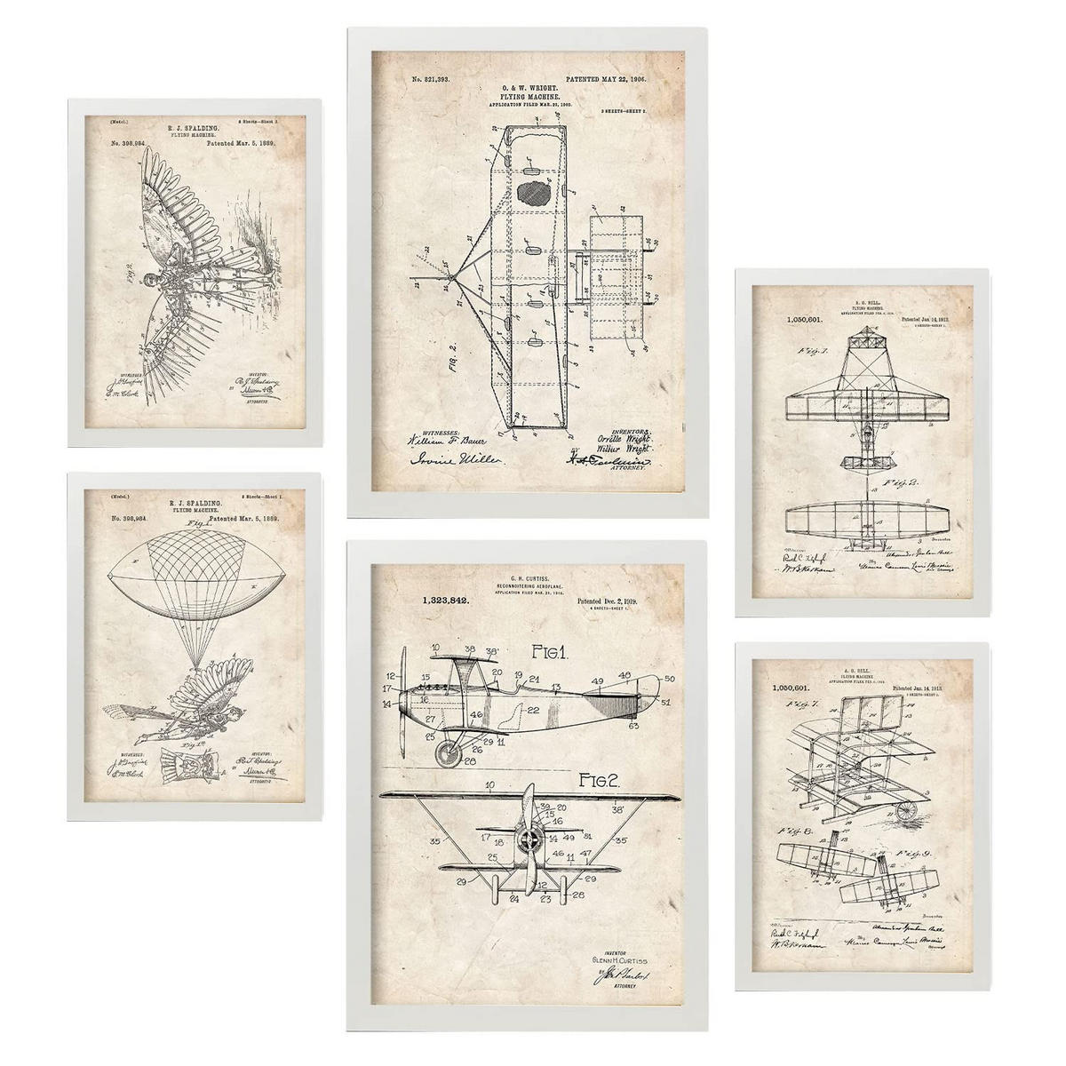 POSTER Set Mit 6 Plakaten Mit Flugzeug Patenten Im Vintage Stil A3 & A4 Weißer Rahmen - Weiß, Papier (29/3cm) - Nacnic
