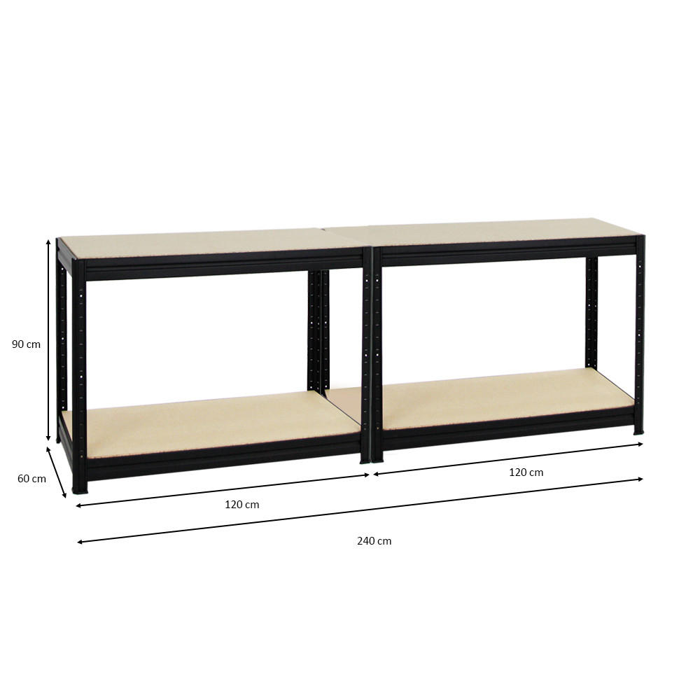 WERKBANK Dino 2er-Set mit 2x höhenverstellbar 90x120x60 cm Traglast 600 kg Schwarz - Schwarz, Metall (240/90/60cm) - PROREGAL