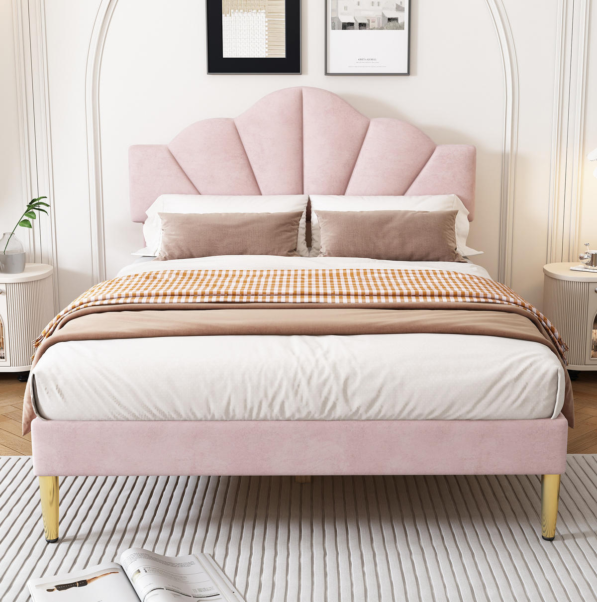 KINDERBETT aus Samt 140x190 cm Rosa mit höhenverstellbarem Kopfteil, Lattenrost und muschelförmigem Design - Rosa, Textil (140/190cm) - Modfu