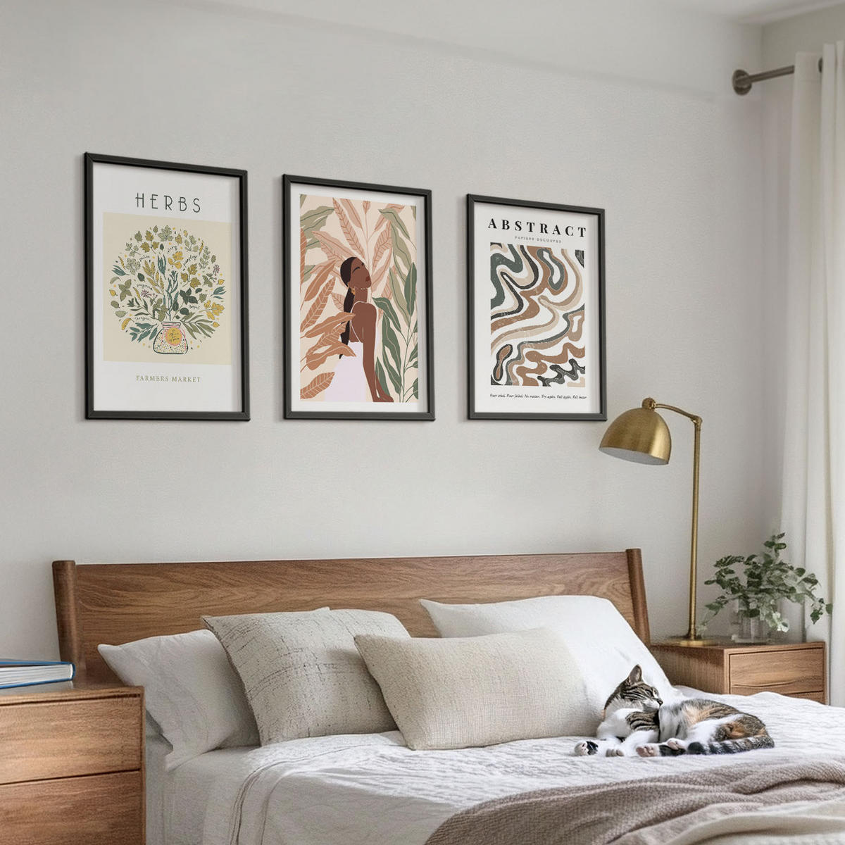 BILDER SET 3er Set - 40x60 cm Schwarzer Rahmen - Boho-Pastell-Minimalisten-Poster - Schwarz, Kunststoff (40/60cm) - TULUP