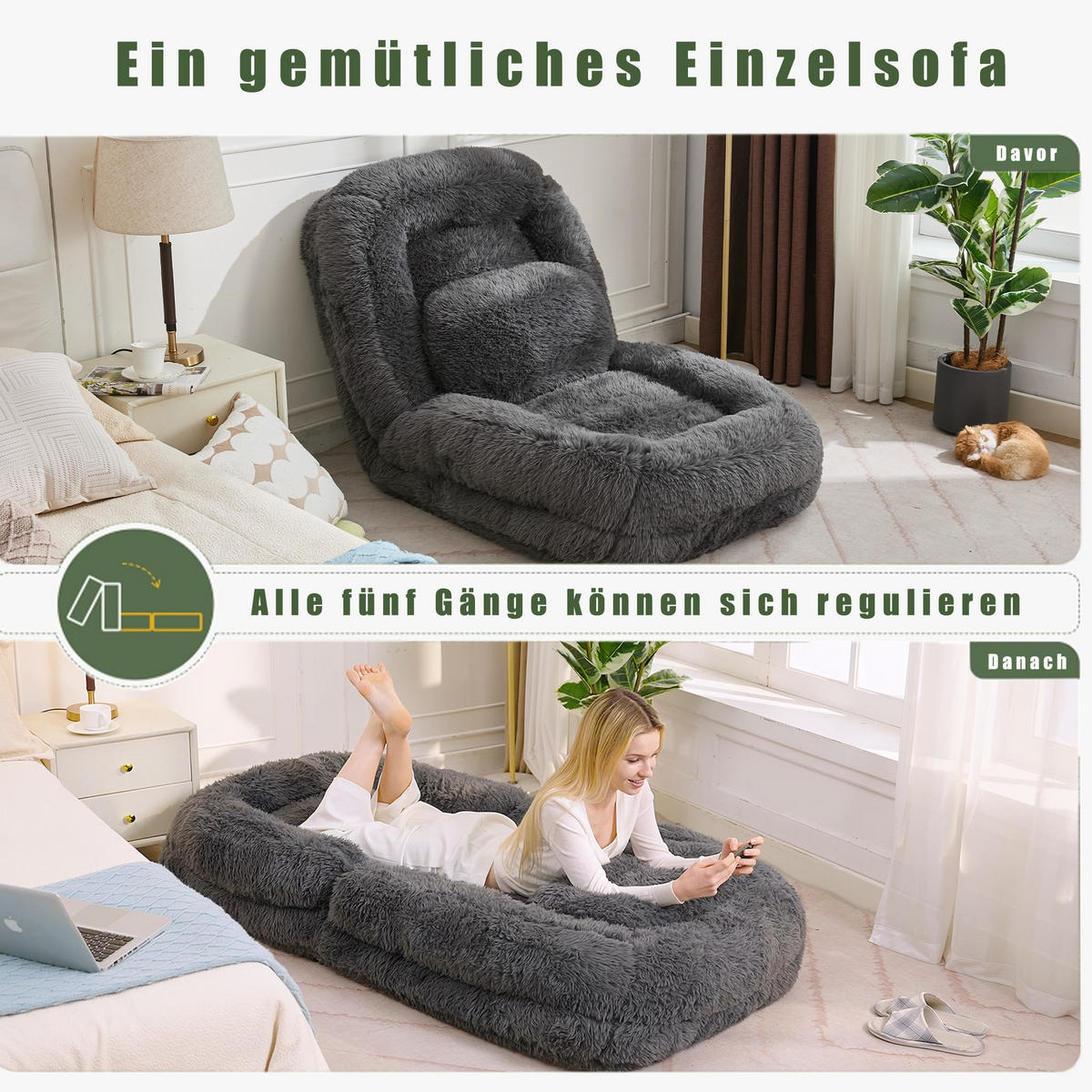 SITZSACK Plüsch Dunkelgrau klappbar und verstellbar - Dunkelgrau, Holzwerkstoff/Textil (89/42/175cm) - WISHDOR