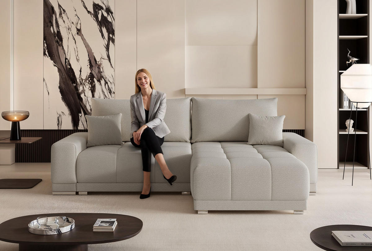 ECKSOFA TARA mit Schlaffunktion und Bettkasten Grau - Grau, Holzwerkstoff/Kunststoff (250/90cm) - Idohome