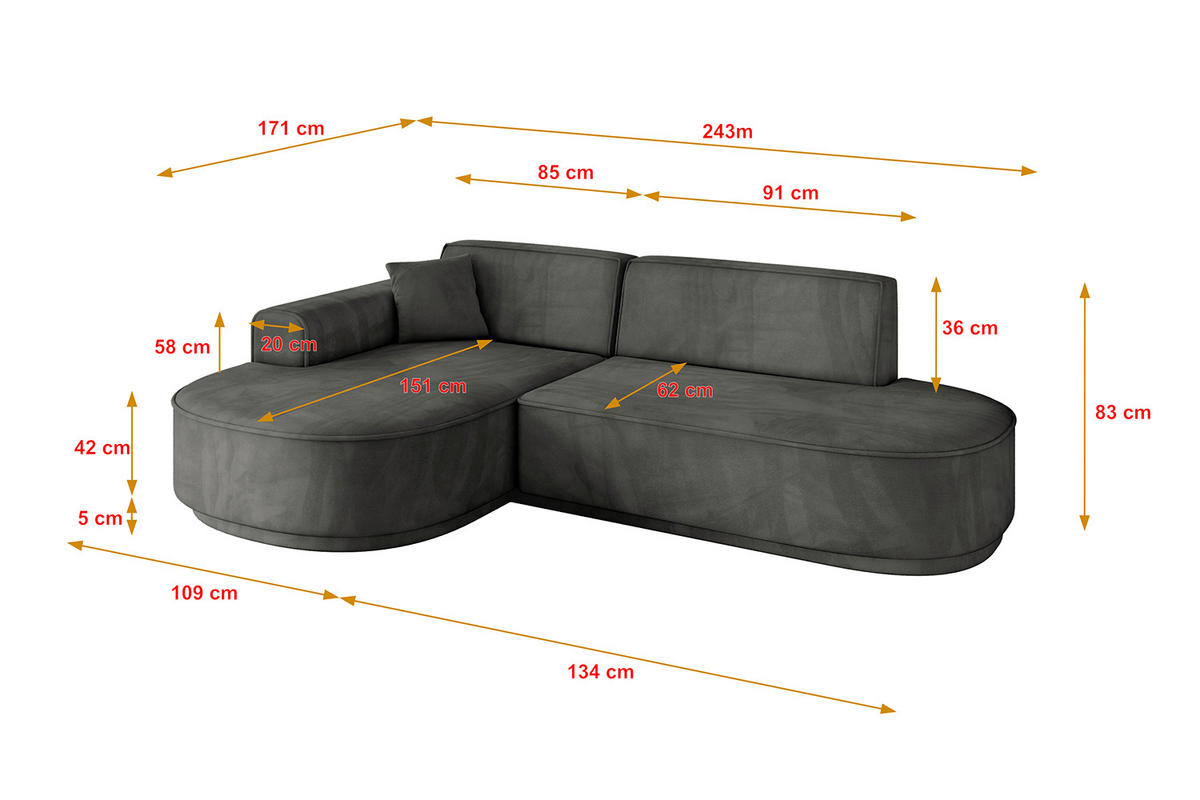 ECKSOFA Ottomane Links MARI-L1-v3 - 243x171x83 cm Dunkelgrau Velours - Dunkelgrau/Schwarz, Holzwerkstoff/Kunststoff (243/171cm) - ALTDECOR