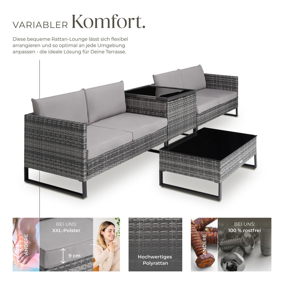 RATTANLOUNGE Ostuni,mit Sicherheitsglasplatte,grau - Grau, Kunststoff - tectake