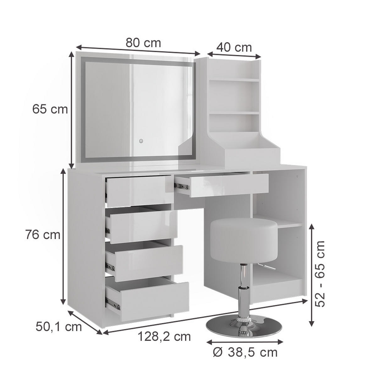 SCHMINKTISCH Sherry Weiß/Weiß Hochglanz 128.2 cm 4 Teile - Weiß Hochglanz, Holzwerkstoff (128.2/76/50.1cm) - Vicco