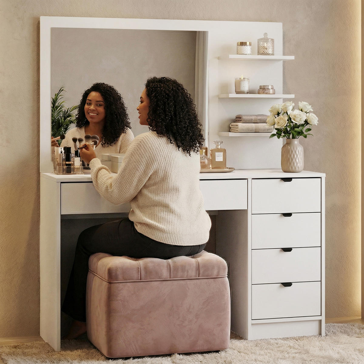 SCHMINKTISCH Malta mit 5 Schubladen, mit Spiegel, mit Griffen, Weiß - Schwarz/Weiß, Holzwerkstoff/Metall (120/145.5/57cm) - Beautysofa