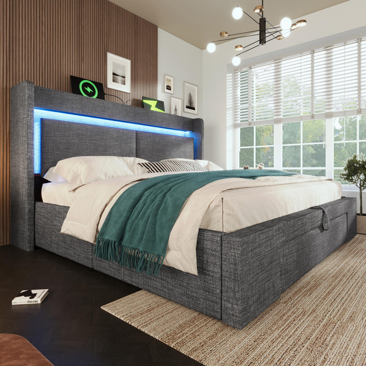 POLSTERBETT mit Stauraum 160x200 cm Leinen Grau mit LED & USB - Grau, Metall (160/200cm) - Meubliv