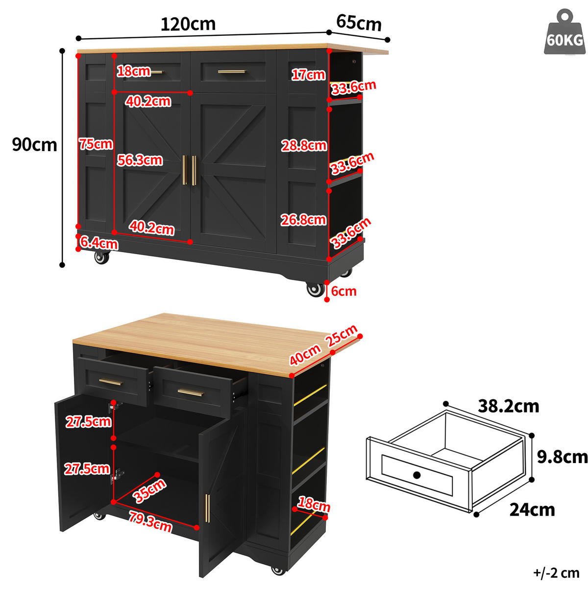 KÜCHENINSEL 120/40/90 cm schwarz aus MDF mit Klappplatte - Schwarz, Holzwerkstoff (120/90/40cm) - OKWISH