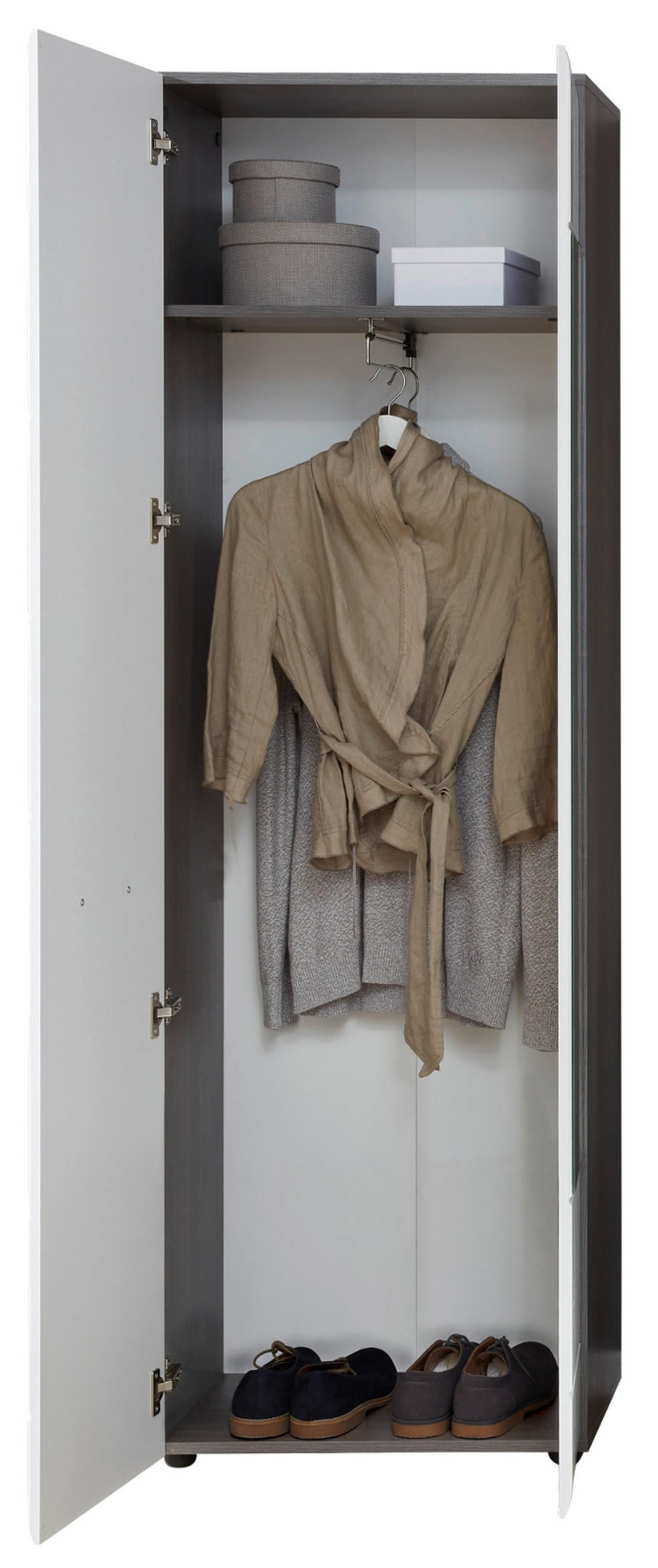 GARDEROBENSCHRANK weiß Hochglanz, grau 60 x 191 cm, Flurschrank mit Spiegel - Weiß Hochglanz/Silberfarben, Glas/Holzwerkstoff (60/191/35cm) - Top.Furn