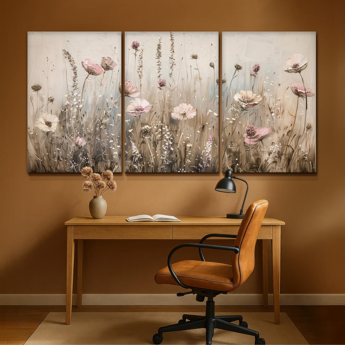 LEINWANDBILD 3er Set Blumen - Beige - Modern - Rosa 240x120 cm - Ecru, Textil (240/120cm) - MuchoWow