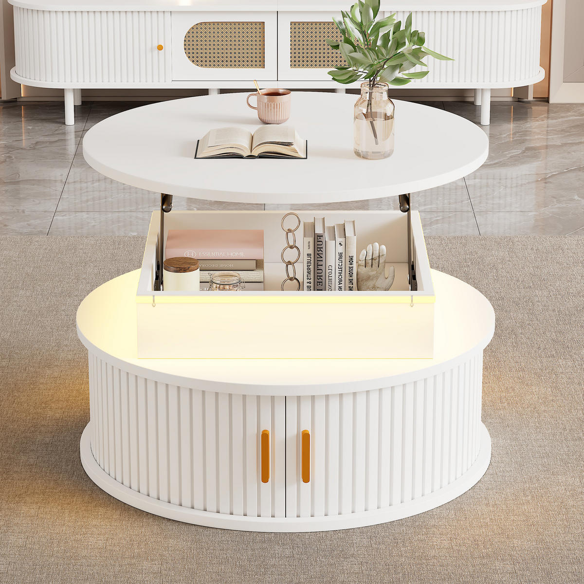 COUCHTISCH 75x75x52 cm Weiß Hochglanz LED Rolltüren Stauraum - Weiß, Holzwerkstoff (75/75/52cm) - FLIEKS