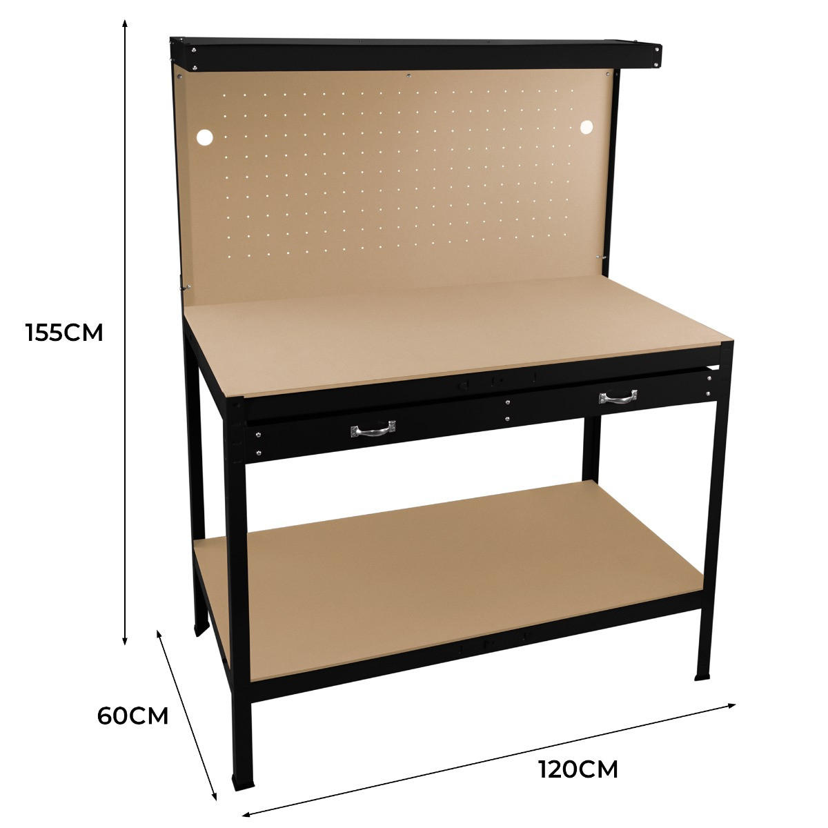 WERKBANK mit Lochwand, Schublade & Licht - Schwarz - Schwarz, Metall (120/155/60cm) - Monstershop