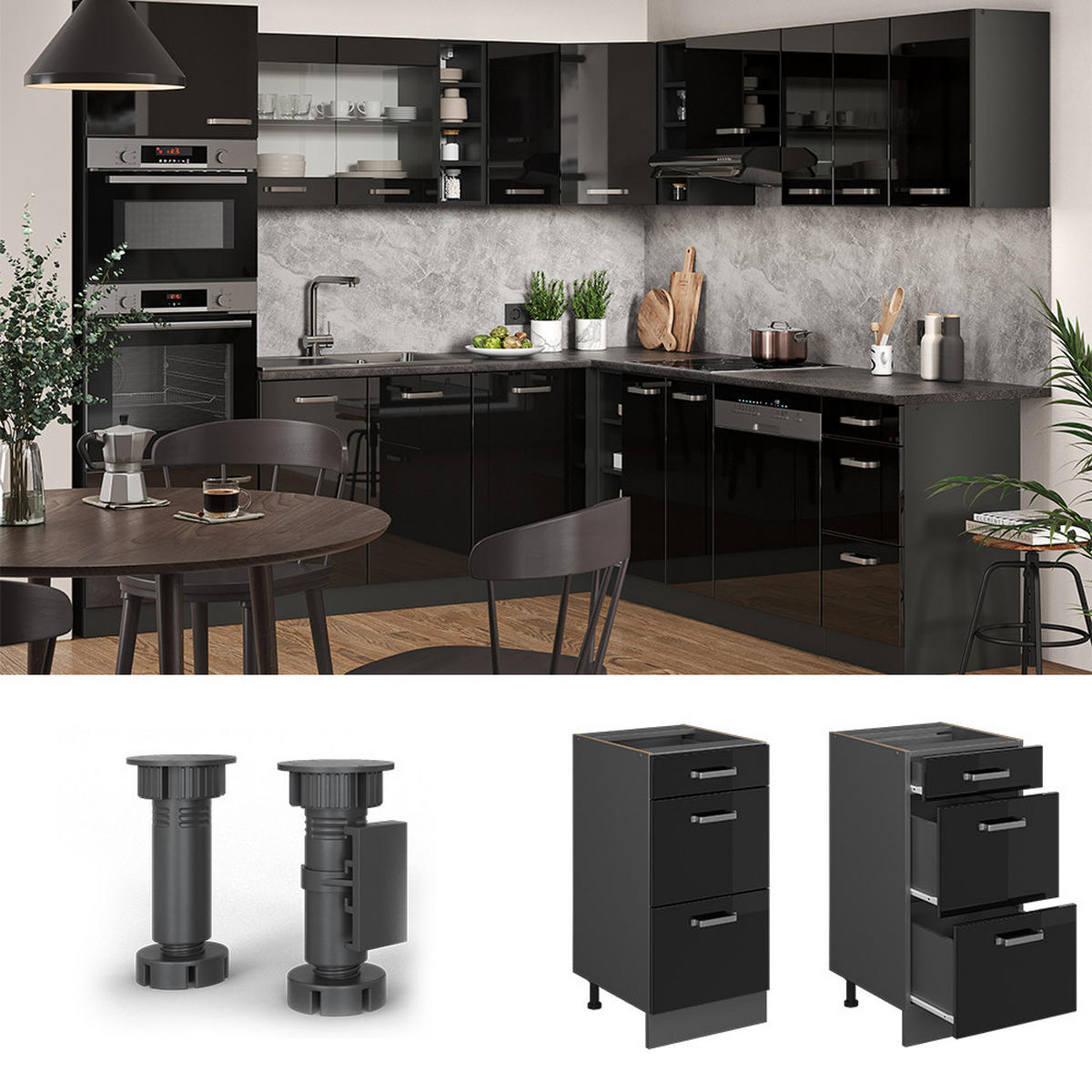 KÜCHENUNTERSCHRANK R-Line Schwarz Hochglanz 40 cm mit Schubladen AP Eiche - Schwarz Hochglanz/Anthrazit, Holzwerkstoff (40/81.6/60cm) - Vicco