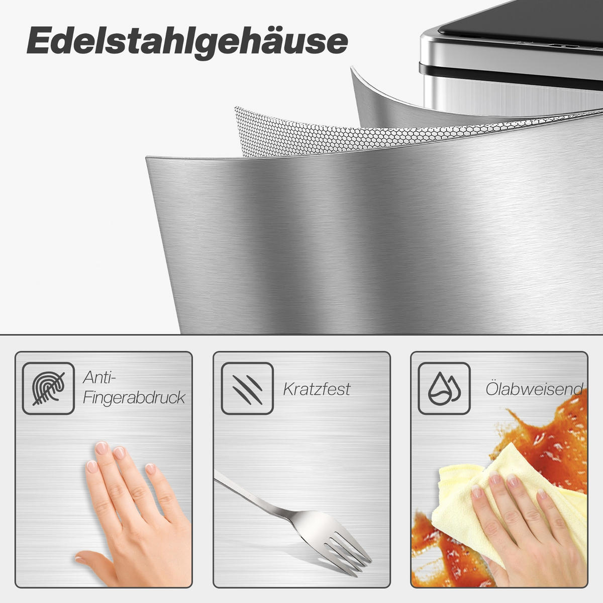 MÜLLEIMER 50L 35,5/67/26 cm Edelstahl Silber Automatik - Silberfarben, Metall (26/67/35.5cm) - Rolipo