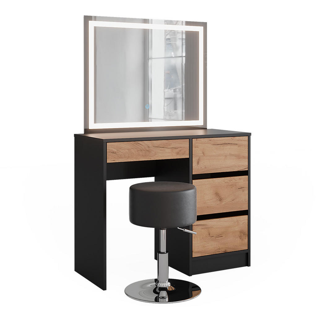 MASĂ DE TOALETĂ Sherry Stejar antracit/Goldkraft 90x75 cm cu oglindă LED și taburet