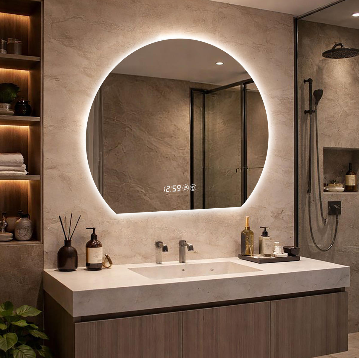 LED Badezimmerspiegel 80x72x2.5cm Silber, dimmbar mit 3 Lichtfarben, Entspiegelung & Smart-Display - Silberfarben, Glas (2.5/80/72cm) - Modfu