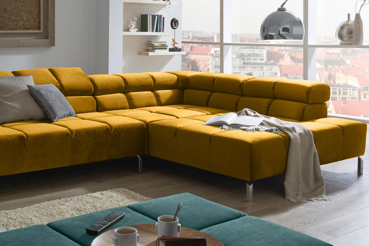 ECKSOFA MIT MOTORISCHEM SITZVORZUG NELSON Gelb Velvet Relaxfunktion - Currygelb/Gelb, Textil (321/216cm) - KAWOLA