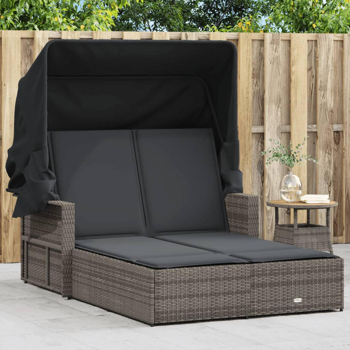DOPPEL-SONNENLIEGE Mit Dach Und Auflagen Grau Poly Rattan - Grau, Kunststoff (110/149/201cm) - vidaXL